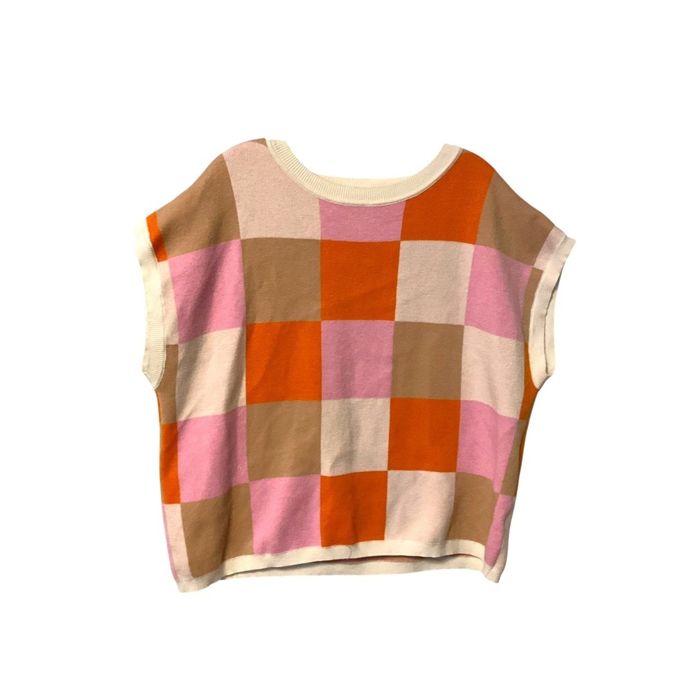 Womens Multi Color Checkerboard Knit Top Short Sleeve Viscose Sweater XL Retro - Picture 2 of 6